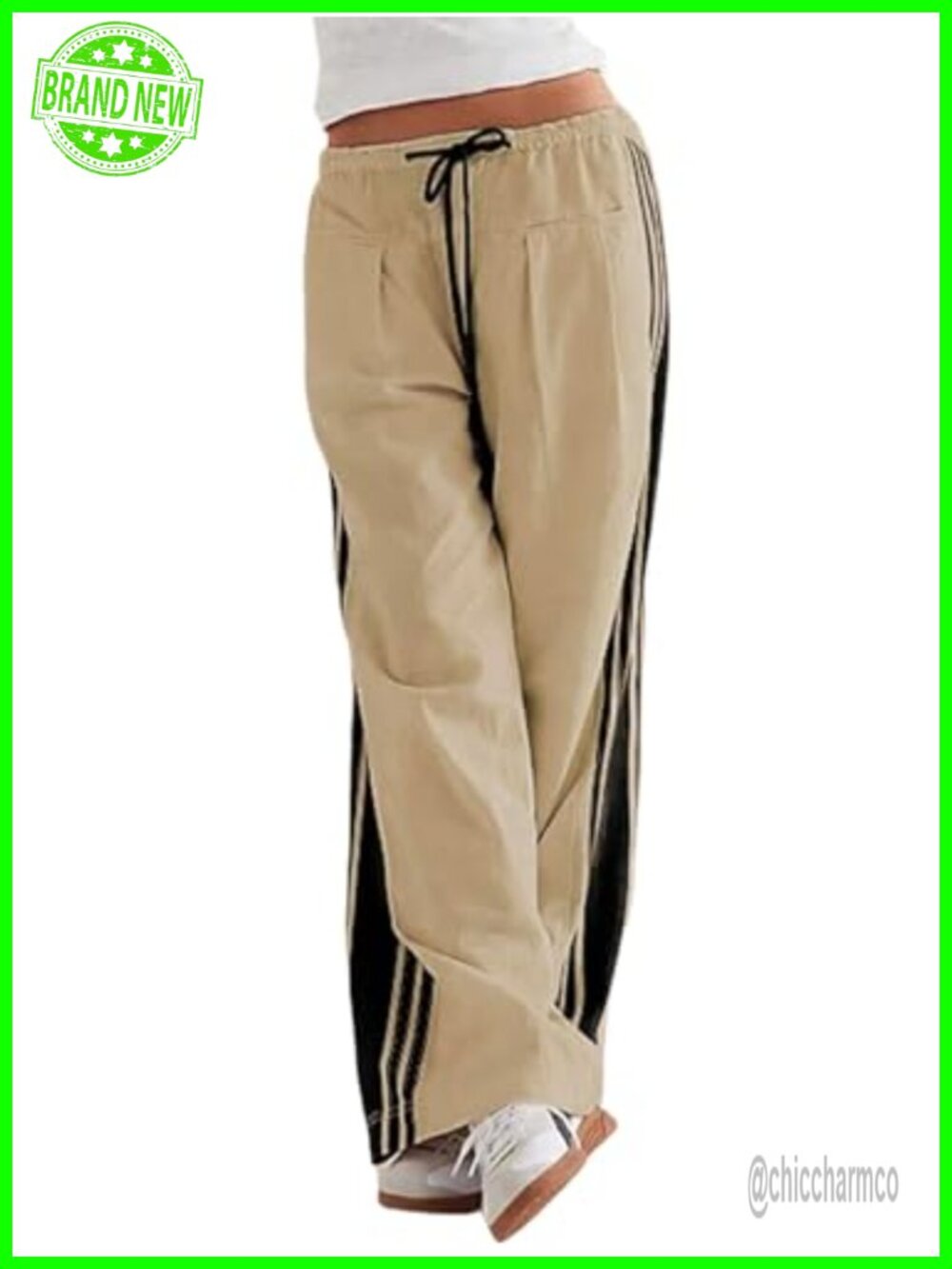 Women's Wide Leg Track Pants Drawstring Waist Side Striped Casual